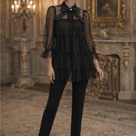 Zara NWT Black Sheer Tiered Bow Blouse - Picture 2 of 5